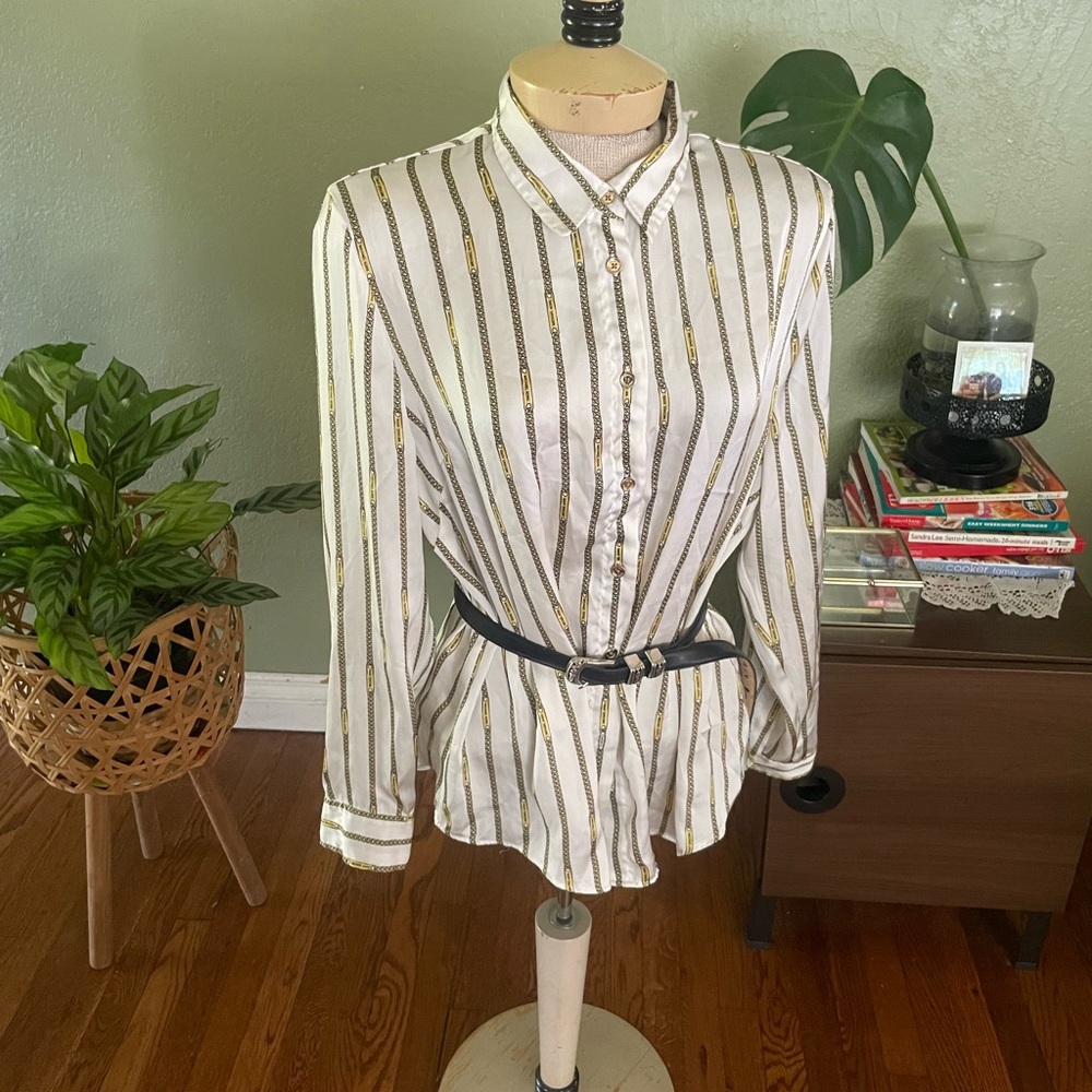 Michael Kors White and Gold Striped Button-Down Shirt